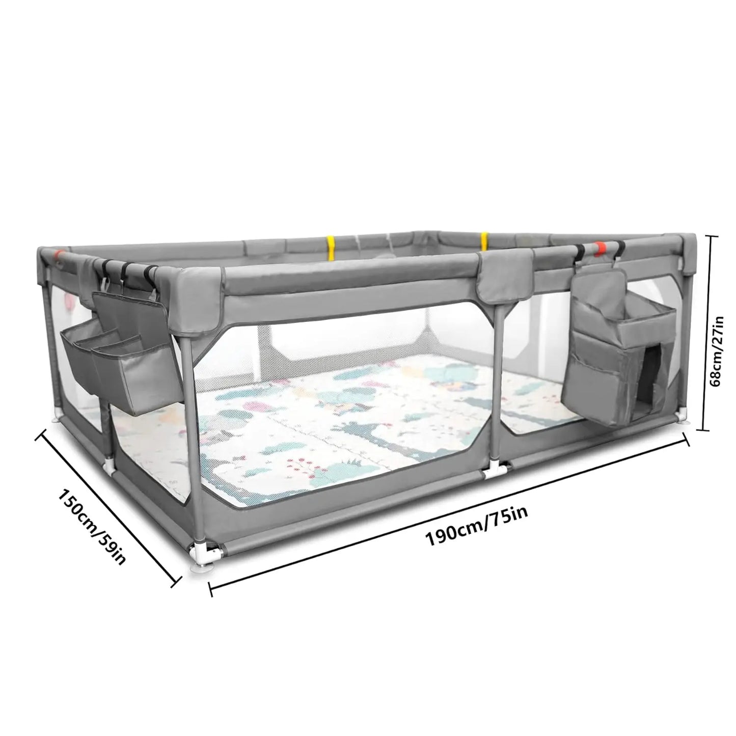 Toddler fence playpen with comfy mat, providing a secure space for infants to play with baby toys.