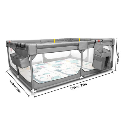 Toddler fence playpen with comfy mat, providing a secure space for infants to play with baby toys.