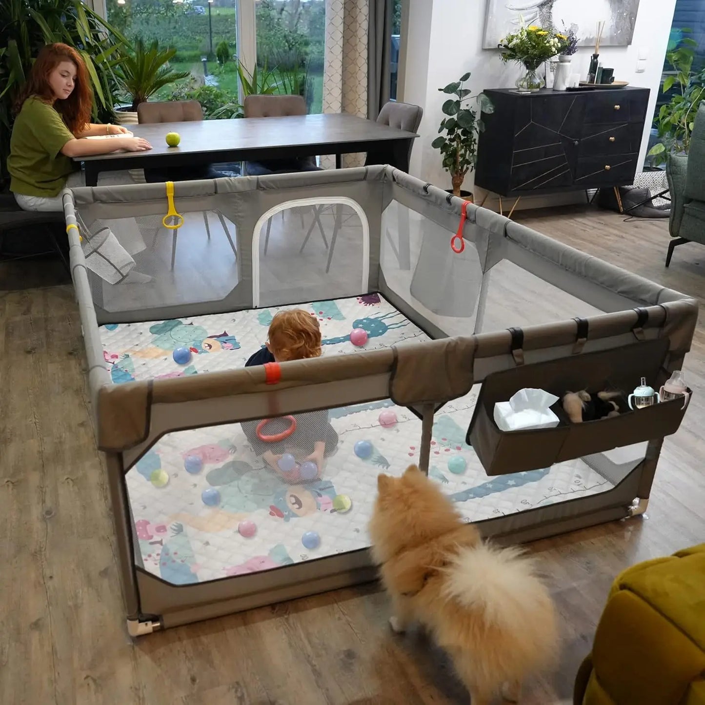 Baby gear: portable playpen with mat, large secure area for toddlers, perfect alternative to a baby gate.