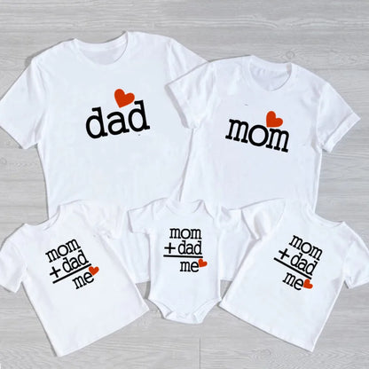 Set of adult unisex cotton t-shirt, kids tee, and baby romper for family matching