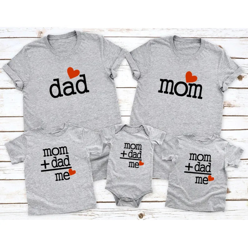 Matching blue cotton t-shirts for dad, mom, and child, with a baby romper option