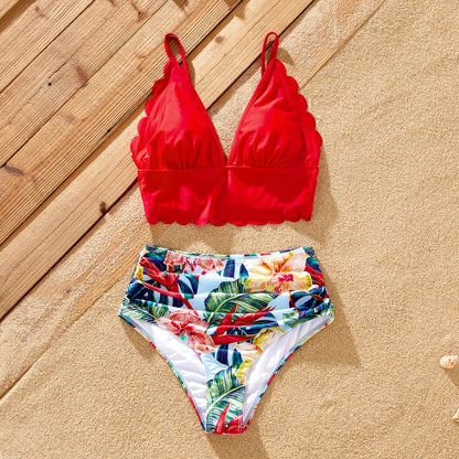 Kids boy and girl matching floral swim shorts and bikini top, family swimwear.