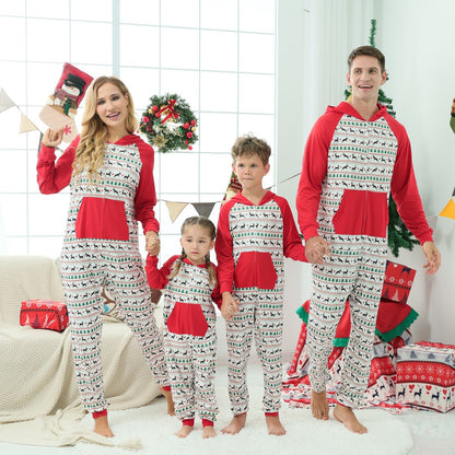 Close-up of soft polyester red and green Christmas tree print on family matching romper.