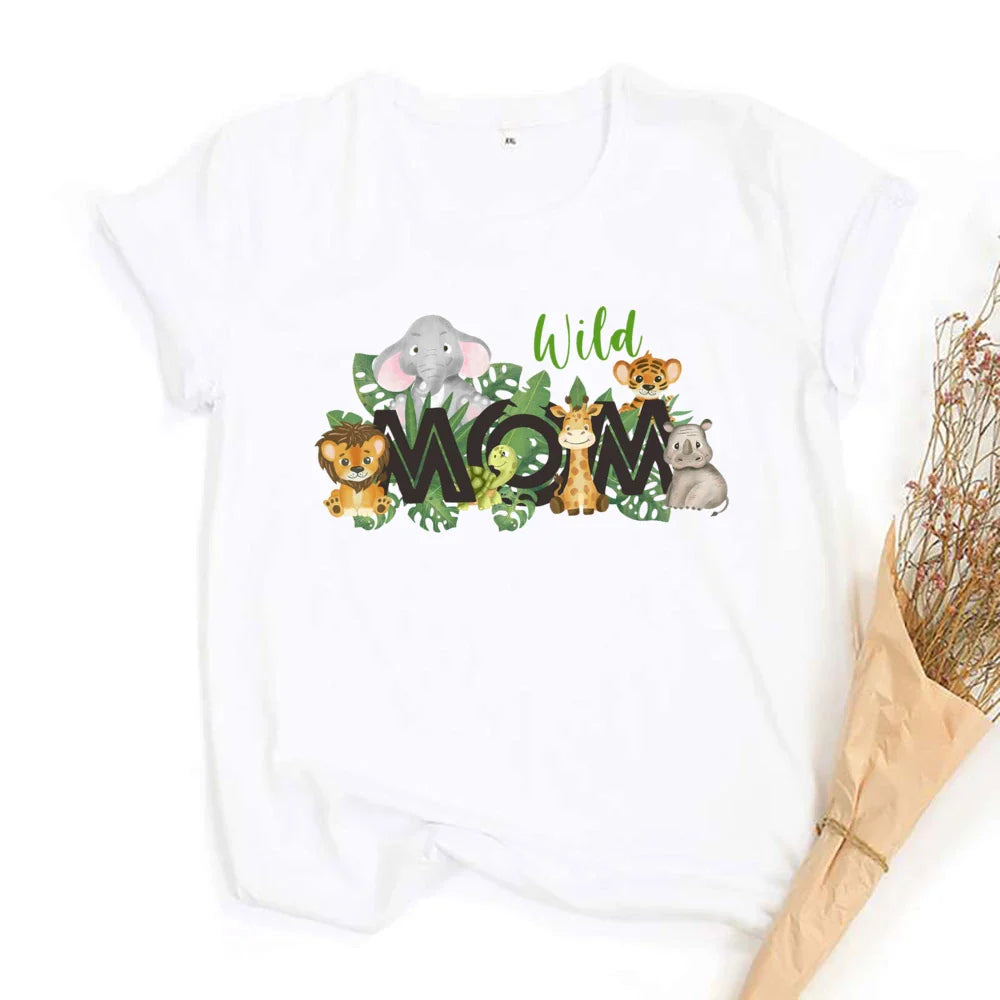 Close-up of wild graphic on unisex family matching t-shirt and baby romper, polyester.