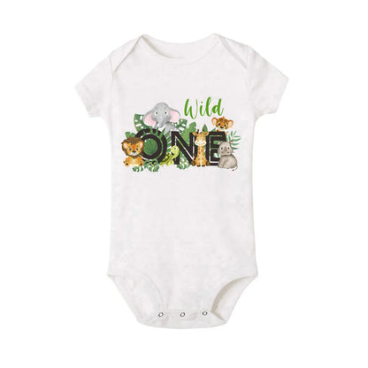 Matching short sleeve wild print t-shirts for mom and dad, with a baby romper.
