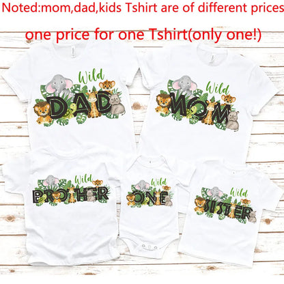 Wild themed family matching outfits, including adult short-sleeve t-shirts and baby romper.