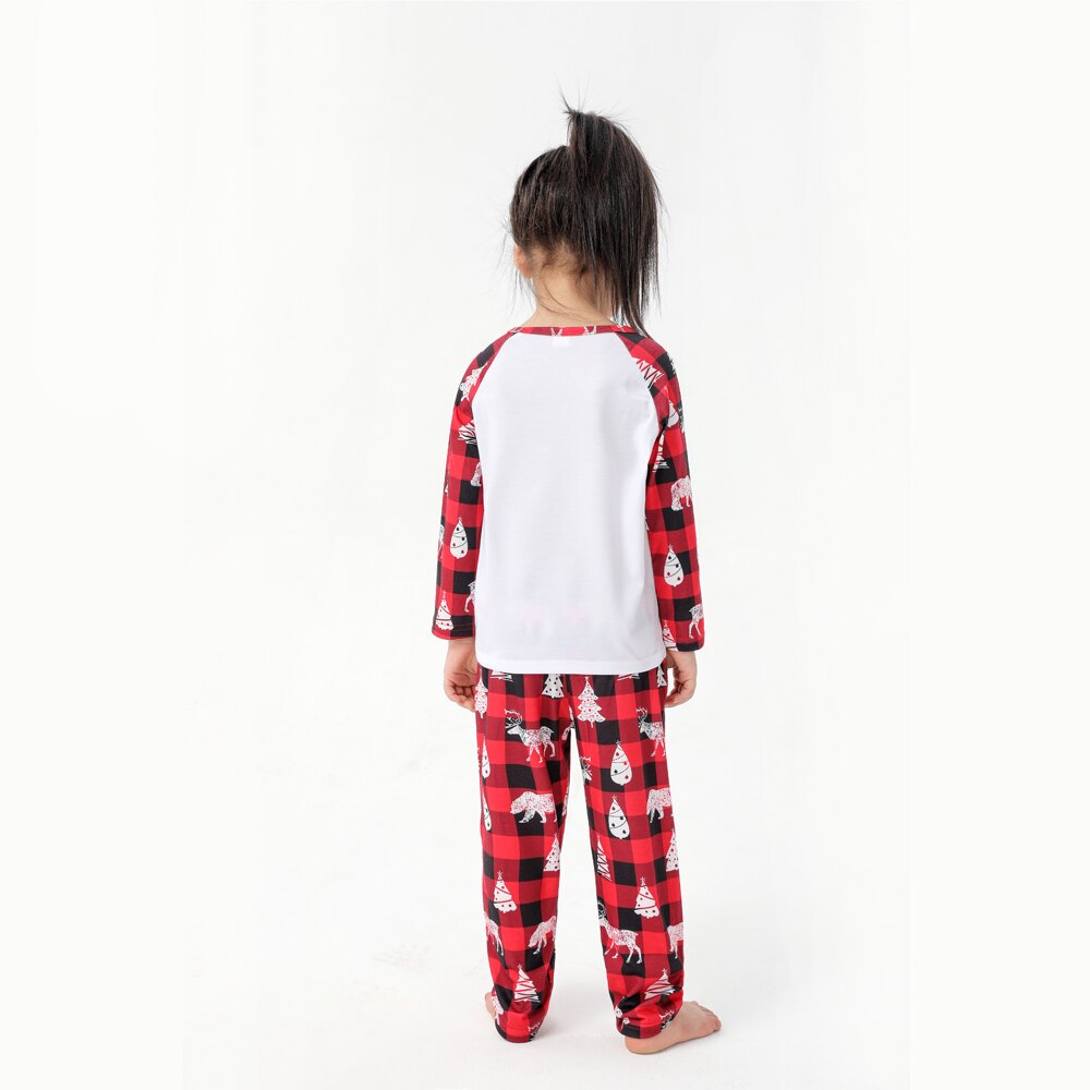Matching red and black plaid dog bandana for pets to complete family Christmas pajama look.