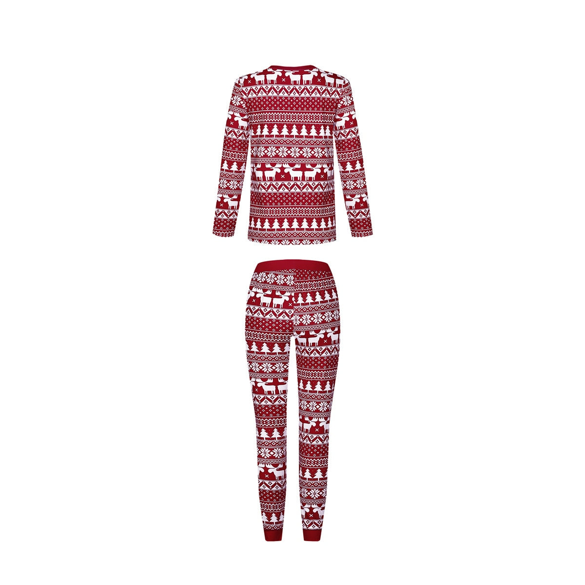 Family Christmas pajama set laid flat, showcasing red cotton blend fabric and seasonal comfort