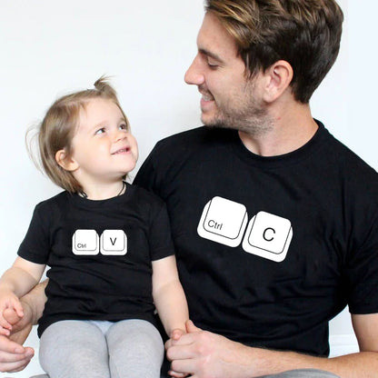 Family matching black 'CTRL+C' dad and 'CTRL+V' baby t-shirts, perfect for parent child summer outfits.