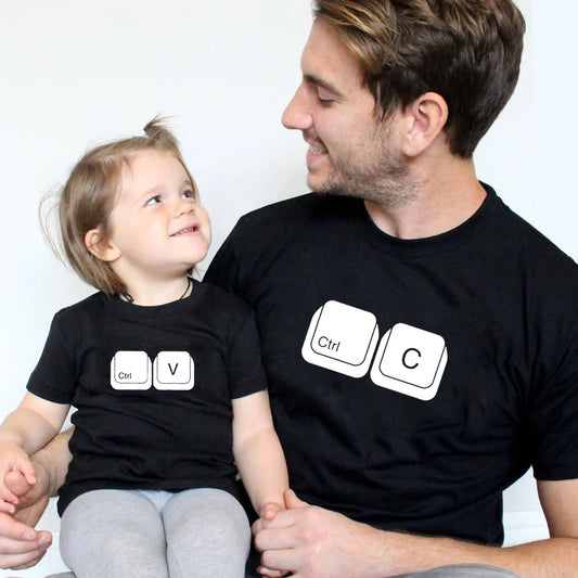 Family matching black 'CTRL+C' dad and 'CTRL+V' baby t-shirts, perfect for parent child summer outfits.