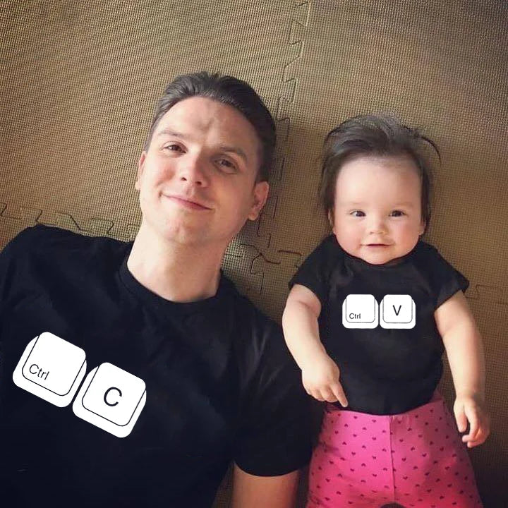 Unisex casual family matching 'CTRL+C' and 'CTRL+V' graphic tees in black, ideal for mom, dad, and kids.