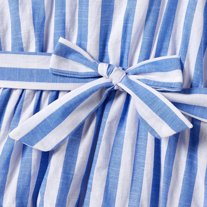 Matching stripe short-sleeve shirts for father and son, with subtle tassel accents.