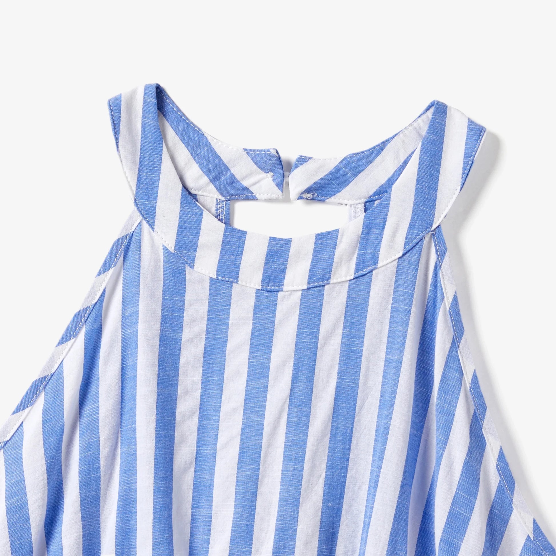 Stylish blue and white stripe dress with tassel trim for a woman from the family matching collection.