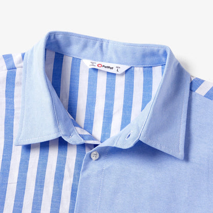 Detail of the tassel trim on the hem of a blue and white stripe family matching dress.