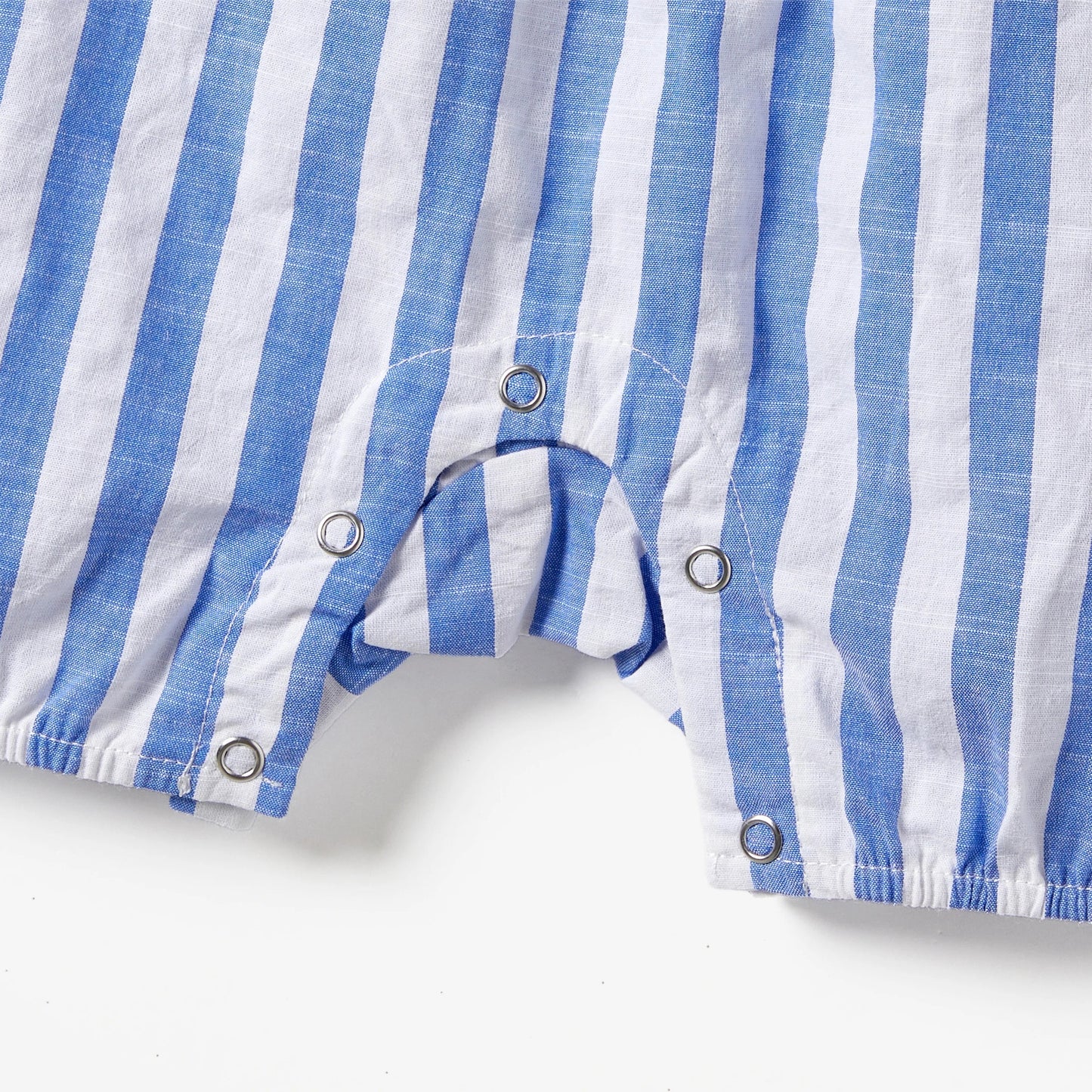 Blue and white stripe family matching set featuring a women's dress and men's and kids' shirts.