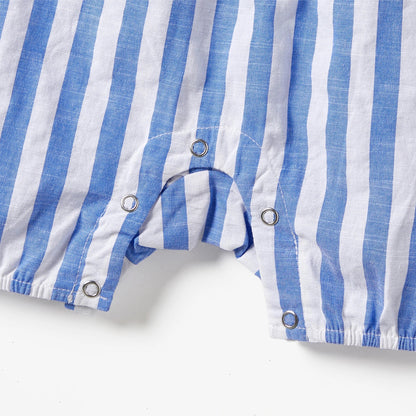 Blue and white stripe family matching set featuring a women's dress and men's and kids' shirts.