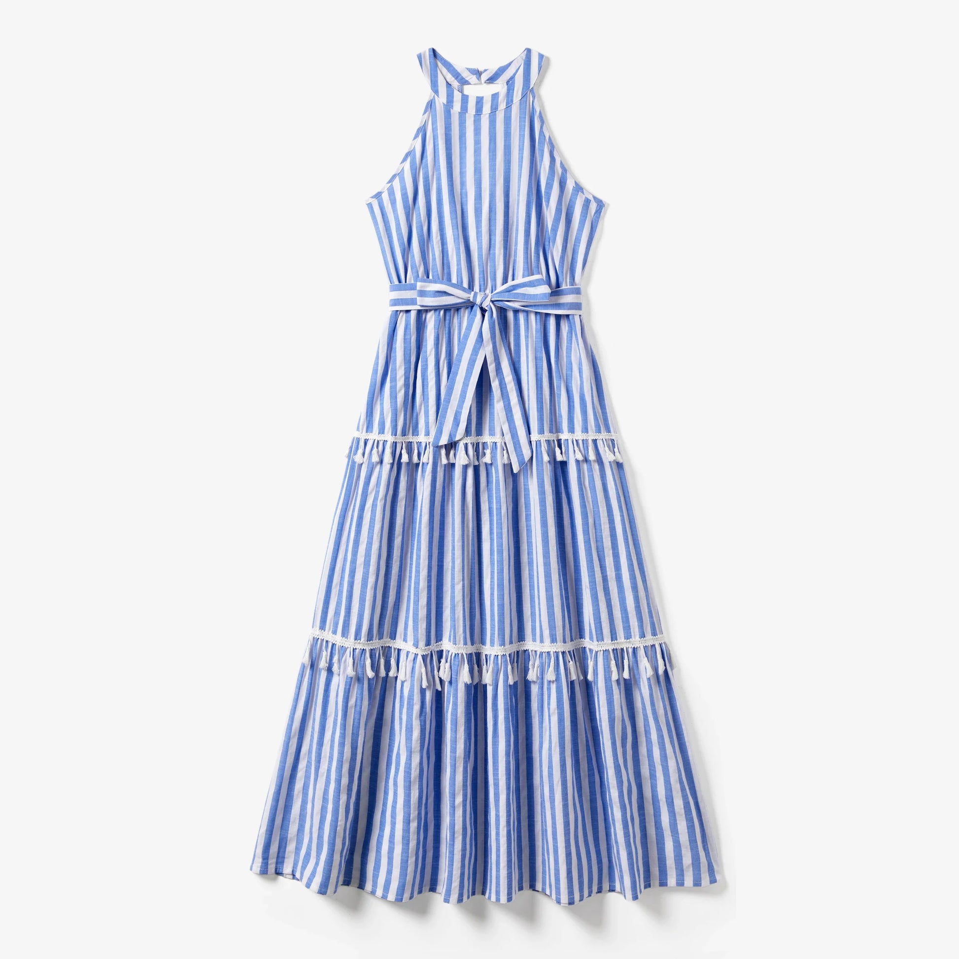 Dad, mom, son, and daughter wearing blue and white stripe outfits with playful tassel accents.