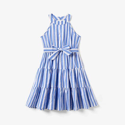 Casual family wear: comfortable blue and white striped polyester blend outfits with tassel trim.