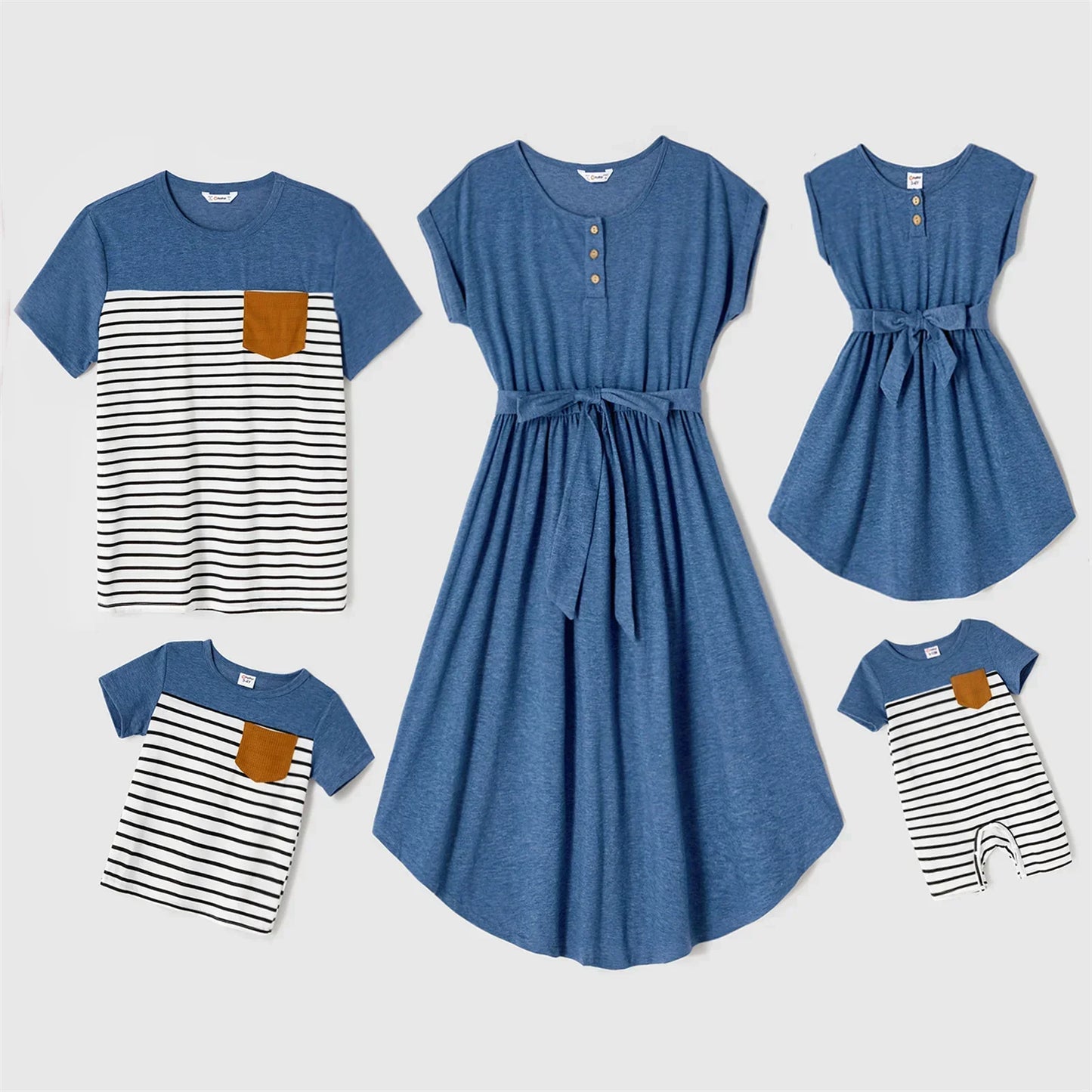 Family matching blue belted dresses & striped t-shirts set for summer, casual wear, polyester blend