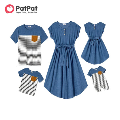 Matching mother and daughter blue belted dresses with striped t-shirts for dad and son, family outfits