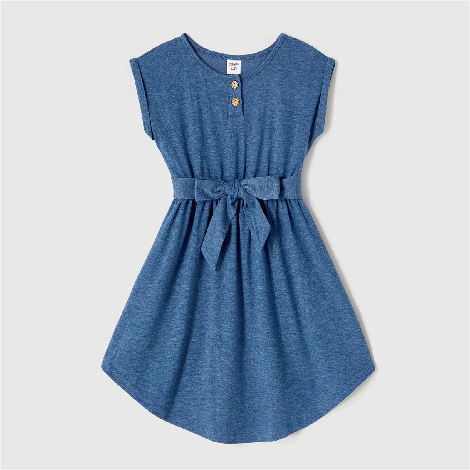 Close-up of blue belted dress with striped t-shirt for family matching set, comfortable polyester blend
