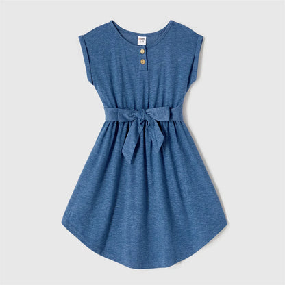 Close-up of blue belted dress with striped t-shirt for family matching set, comfortable polyester blend