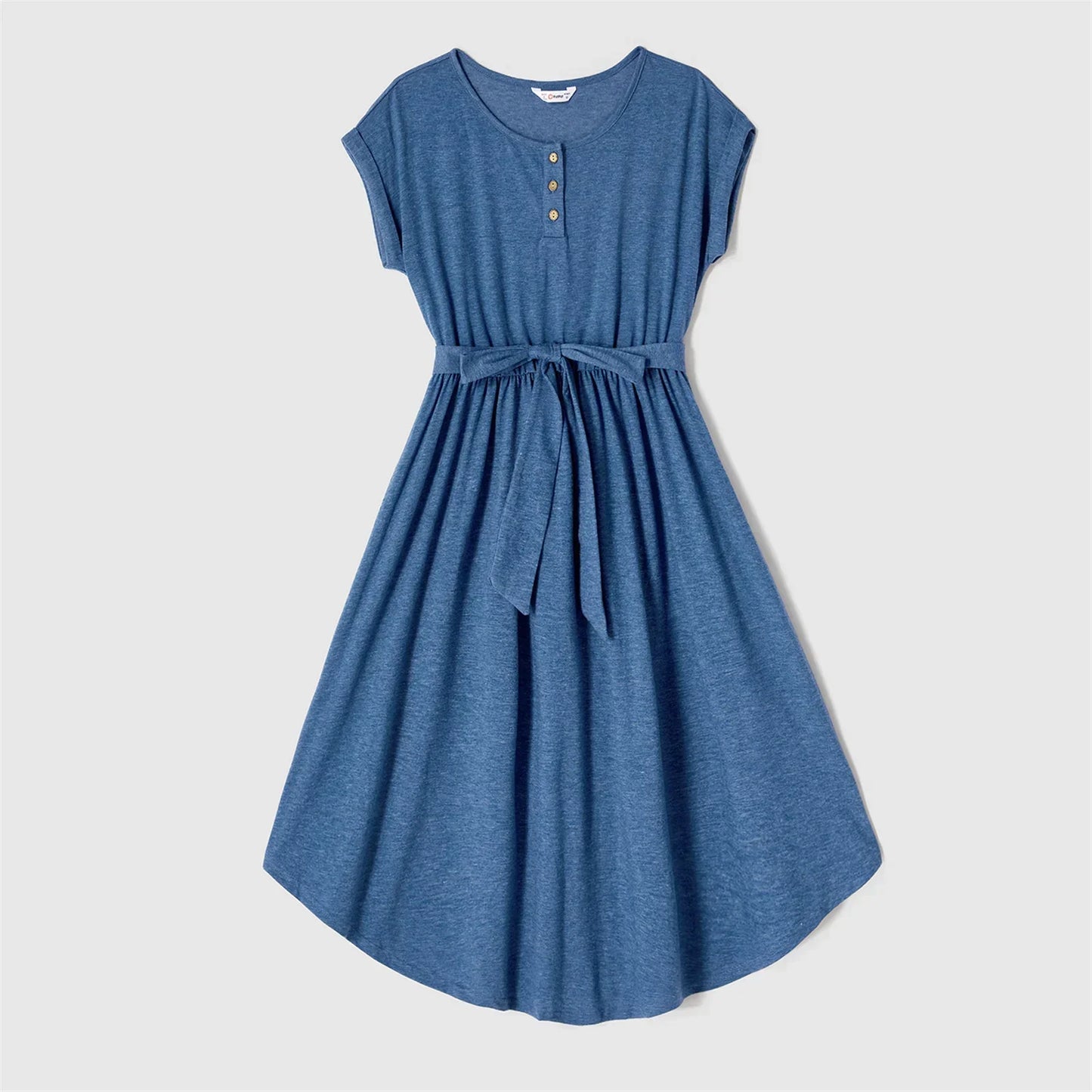 Family photoshoot wearing blue belted dresses and striped t-shirts, matching summer clothing casual