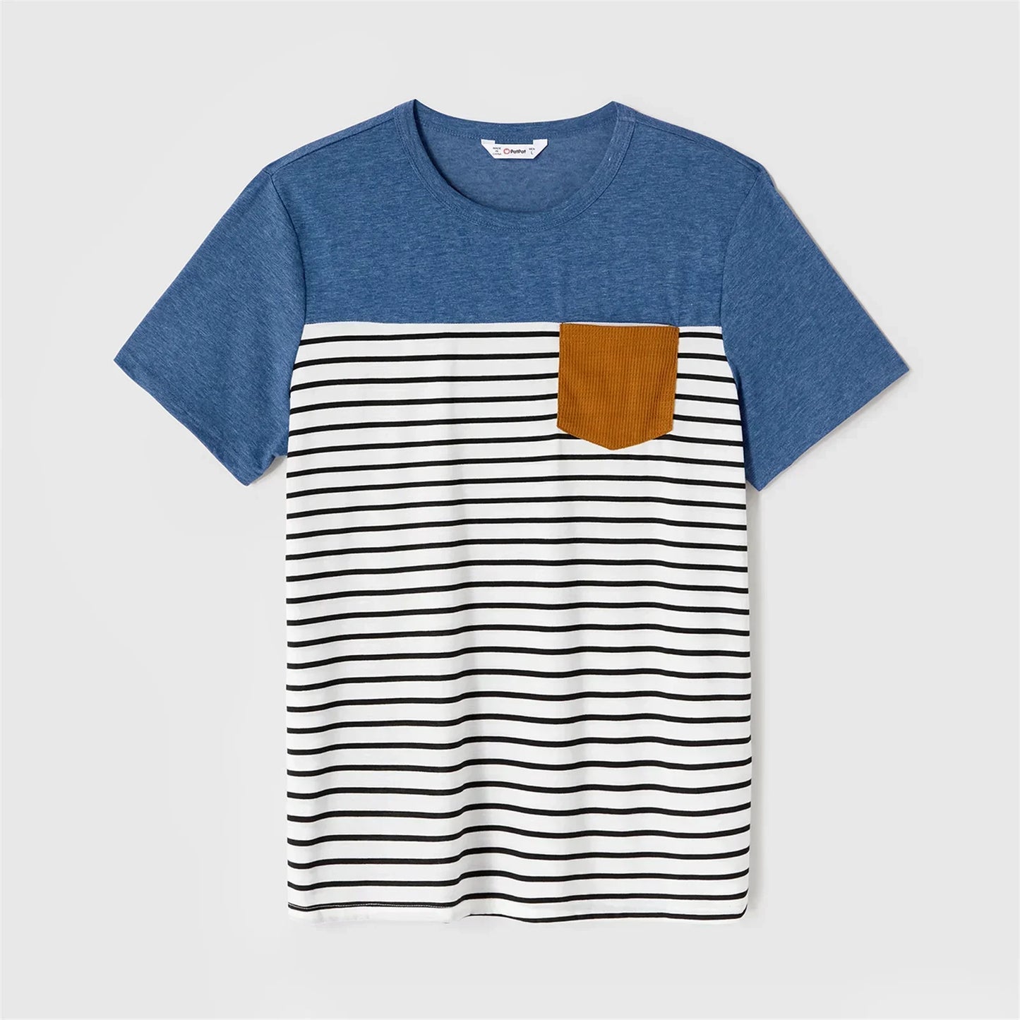 Kids fashion: baby wearing striped t-shirt & blue dress; men's t-shirt & women's belted dress set