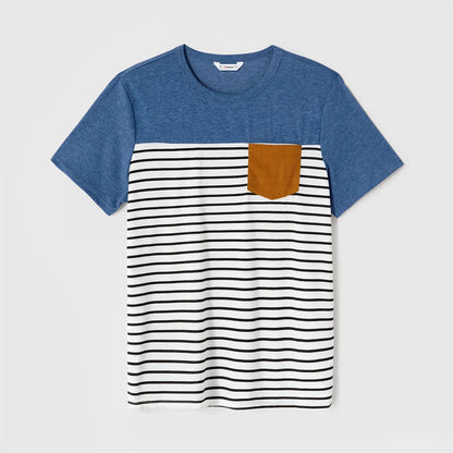 Kids fashion: baby wearing striped t-shirt & blue dress; men's t-shirt & women's belted dress set