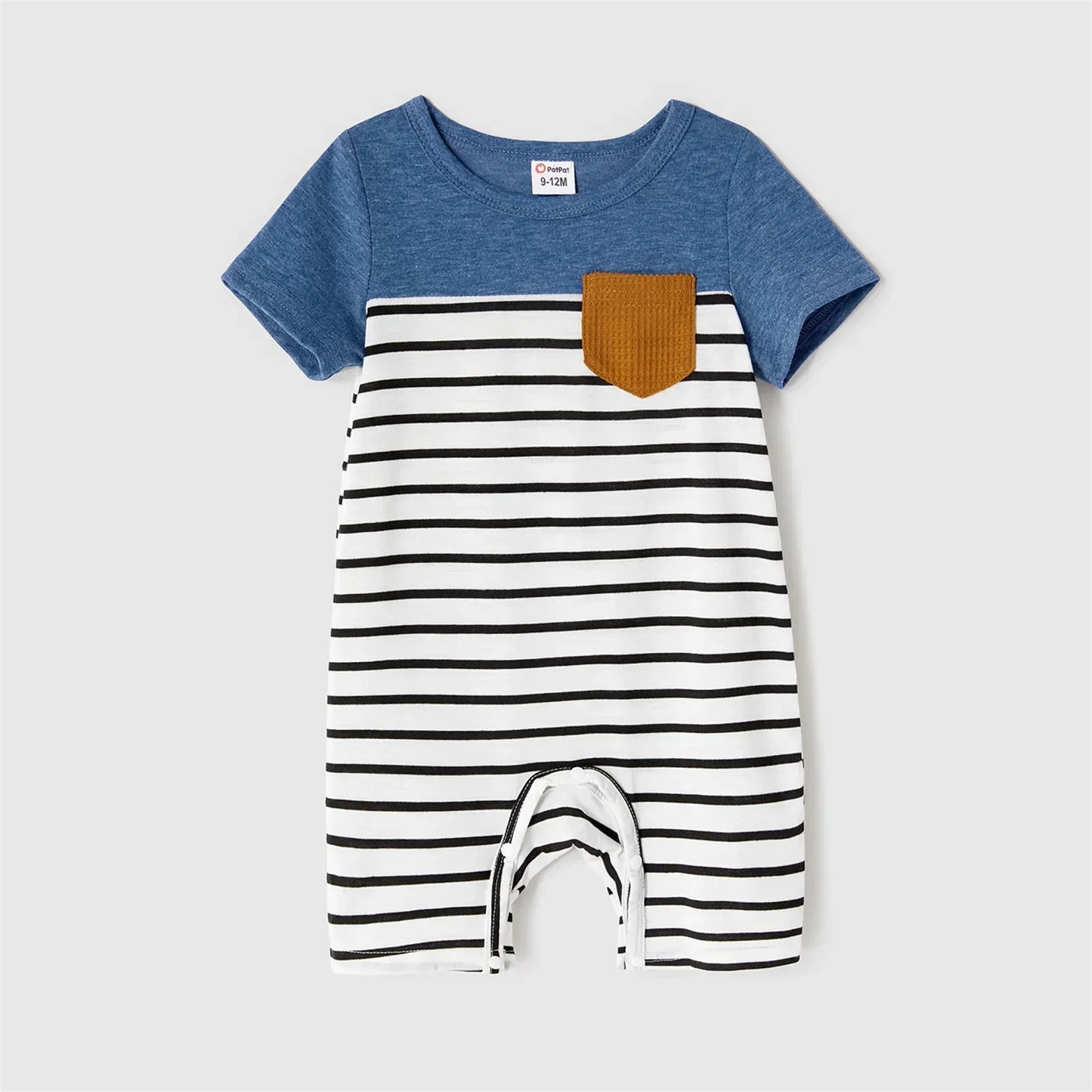 Full-length view of family matching blue dresses and striped t-shirts, perfect for summer casual wear