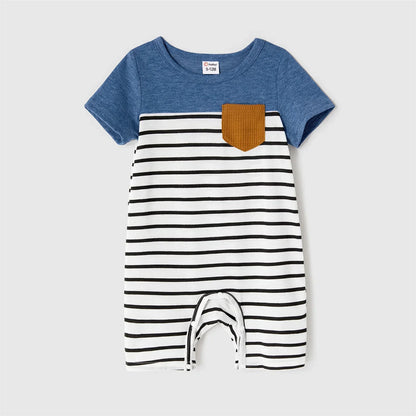 Full-length view of family matching blue dresses and striped t-shirts, perfect for summer casual wear