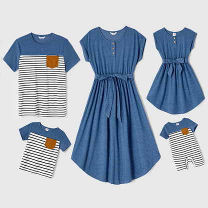 Stylish blue belted dress for women, casual summer clothing from a family matching set, easy care