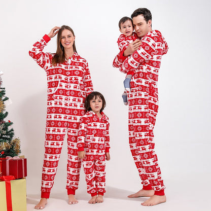 Family matching Christmas pajamas jumpsuit, red with festive print, cozy cotton blend, ideal for holidays