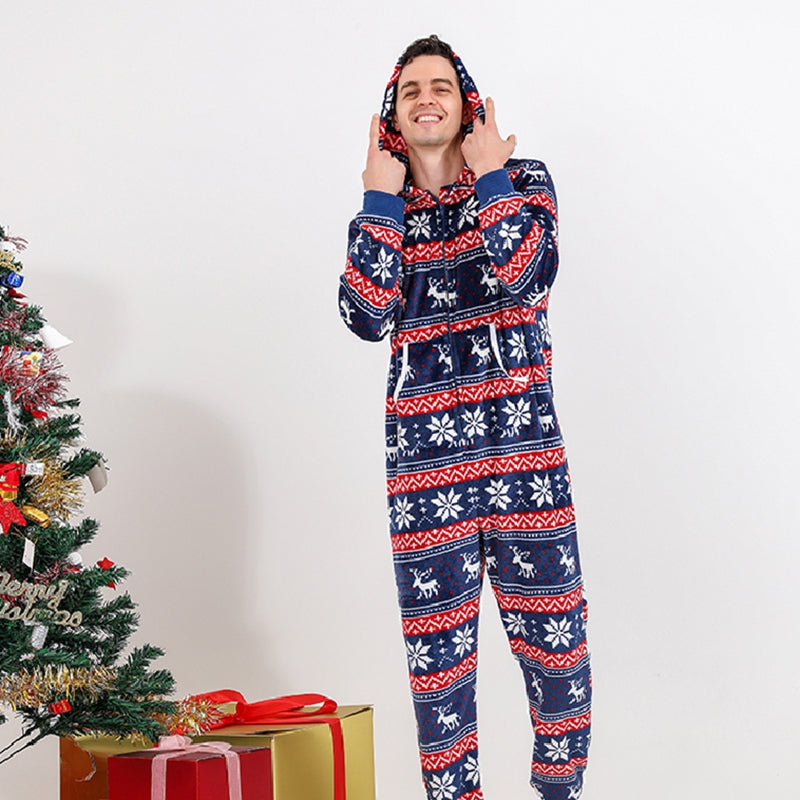 Holiday family matching pajamas, one-piece jumpsuit style, perfect for festive gatherings and sleep
