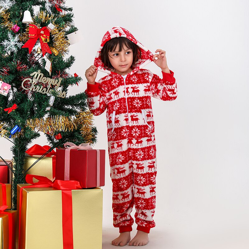 Family holiday matching sleepwear, red patterned jumpsuits for adults, teens, and children, comfortable