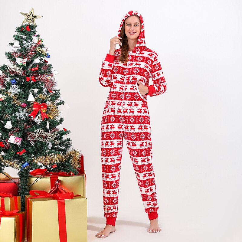 Cozy family Christmas pajamas, full zip jumpsuit with functional pockets, perfect for festive unwinding