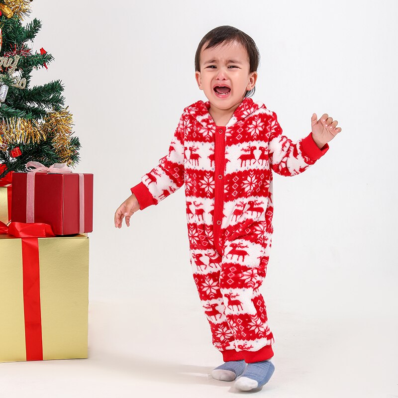 Matching family Christmas outfits, soft fleece jumpsuits with holiday graphics, warm and comfortable