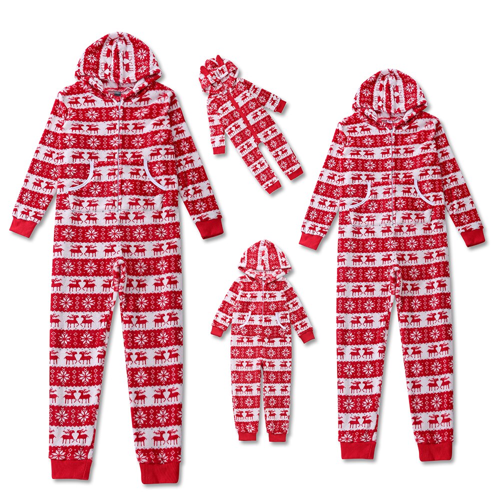 Cute family matching Christmas pajamas, gray jumpsuit with festive prints, comfy loungewear for holidays