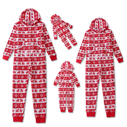 Cute family matching Christmas pajamas, gray jumpsuit with festive prints, comfy loungewear for holidays