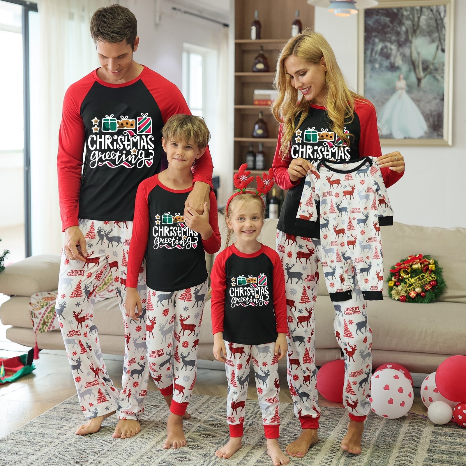 Family matching Christmas pajamas set, red and white striped, festive holiday sleepwear