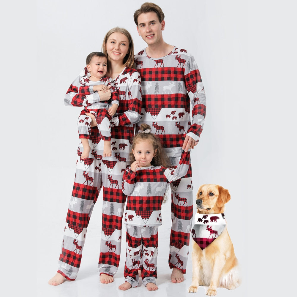 Family matching Christmas pajamas set, red and white, cozy holiday sleepwear for adults and kids