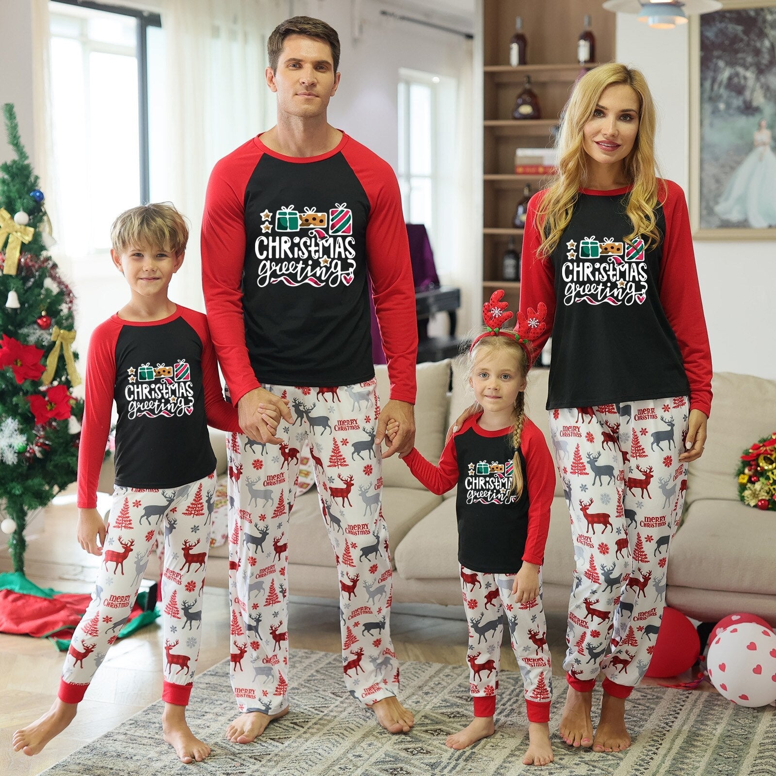 Family Christmas pajama set featuring playful winter designs, ideal for festive lounging