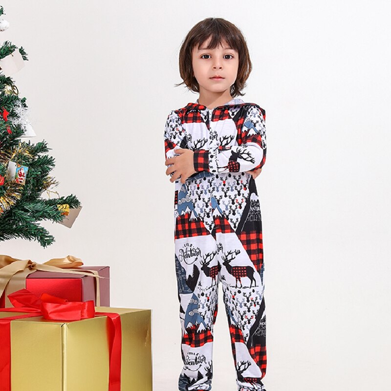 Christmas family photo featuring matching red long sleeve zipper jumpsuit pajamas for all ages