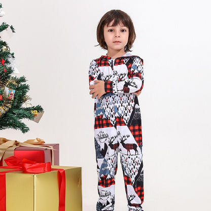 Christmas family photo featuring matching red long sleeve zipper jumpsuit pajamas for all ages