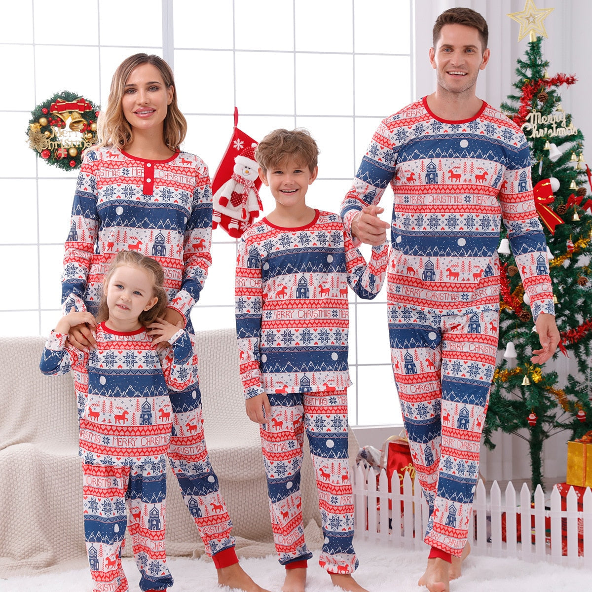 Family matching Christmas pajamas set with 'Merry' print, comfortable spandex blend festive sleepwear