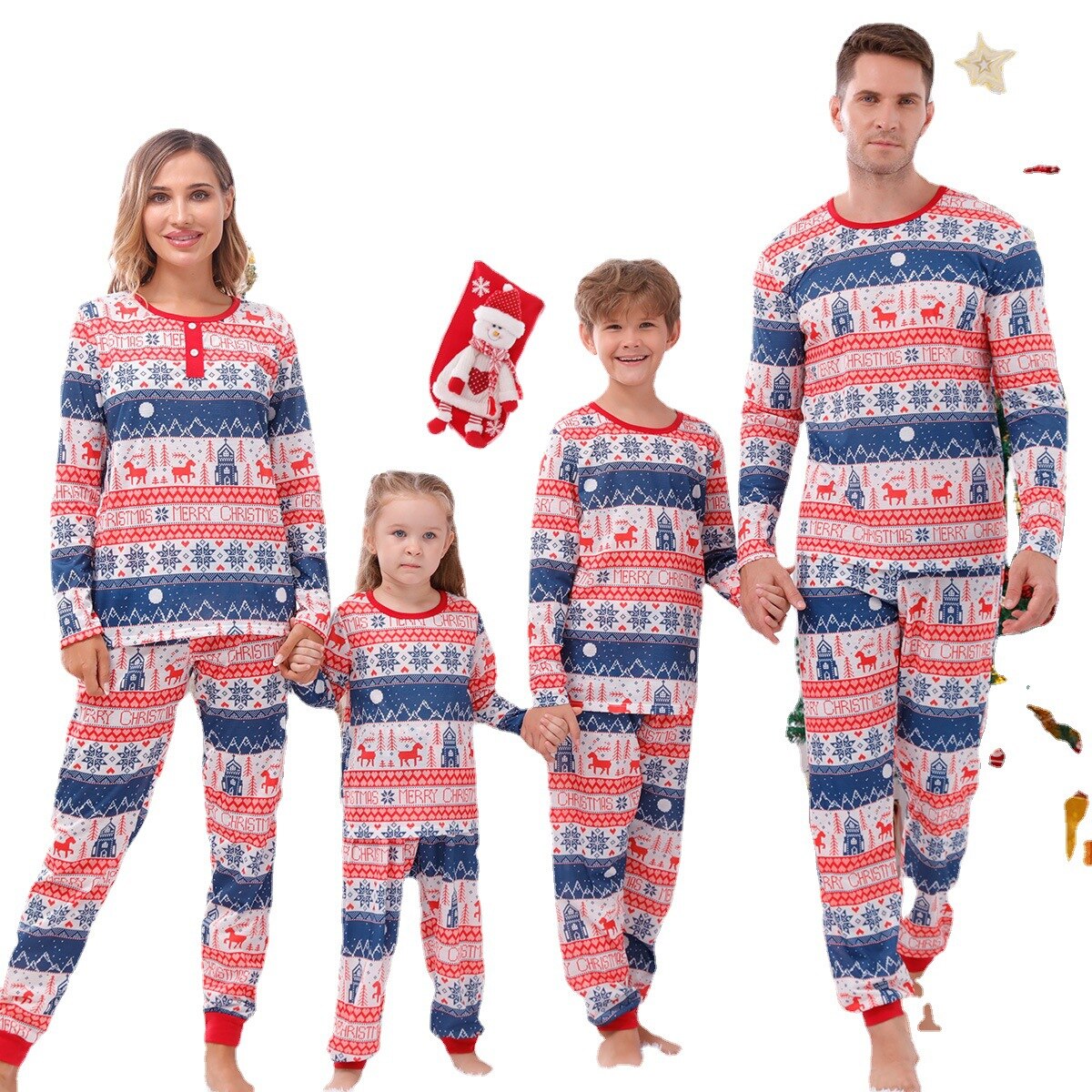 Toddler in red and white 'Joy' print family Christmas pajamas, soft spandex blend holiday sleepwear