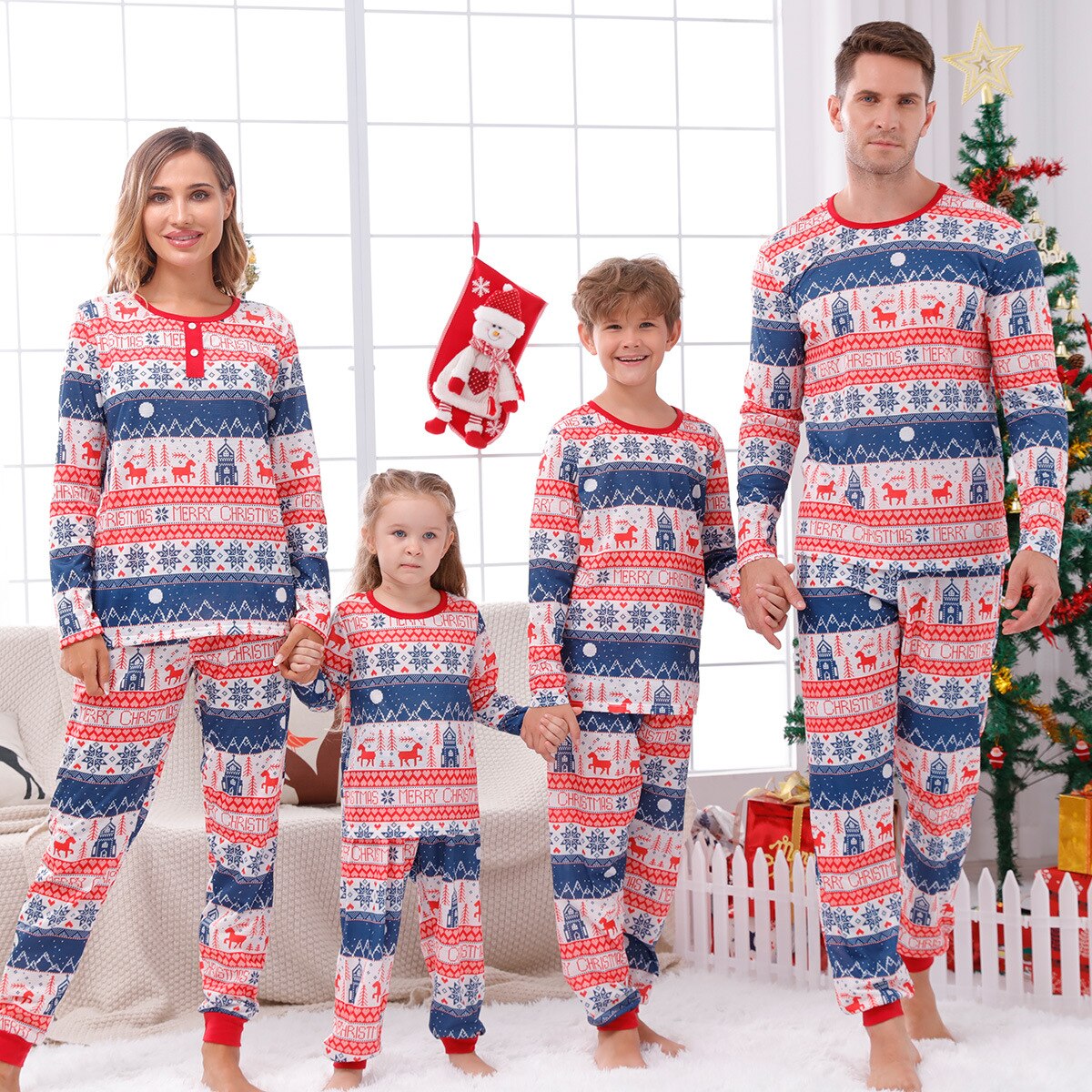 Close-up of family matching Christmas pajamas fabric, showing unique holiday print and spandex blend