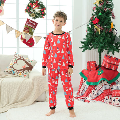 Lay flat of family Christmas snowman pajamas, including adult and kids sizes, warm holiday sleepwear