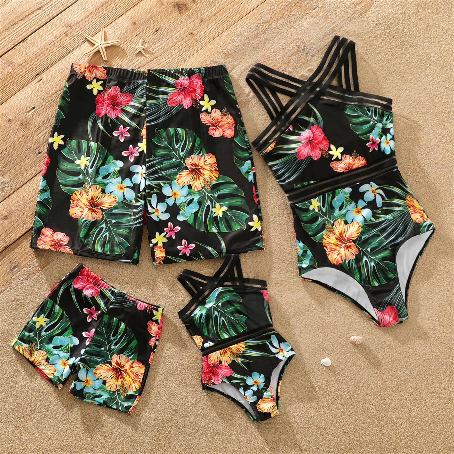 Family matching coconut tree print swimwear for beach vacation. Tropical designs, ideal for summer poolside fun.