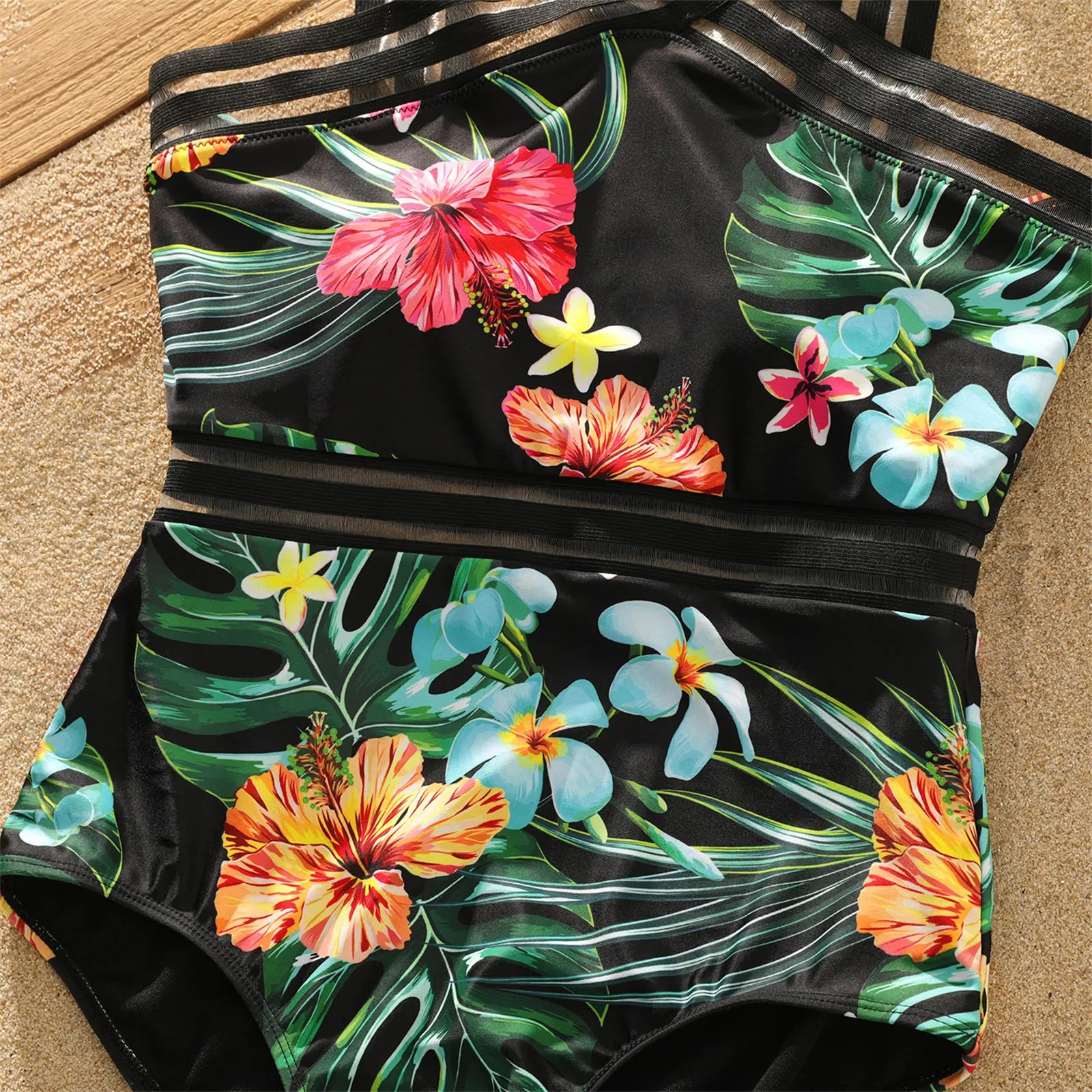 Women's coconut tree print swimsuit, part of a matching family set for stylish summer beachwear.